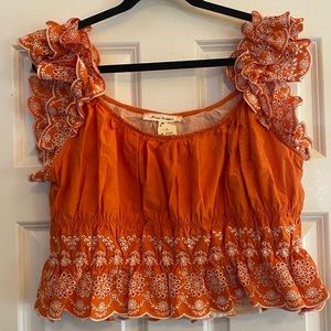 Orange Embroidered Ruffled Crop Top